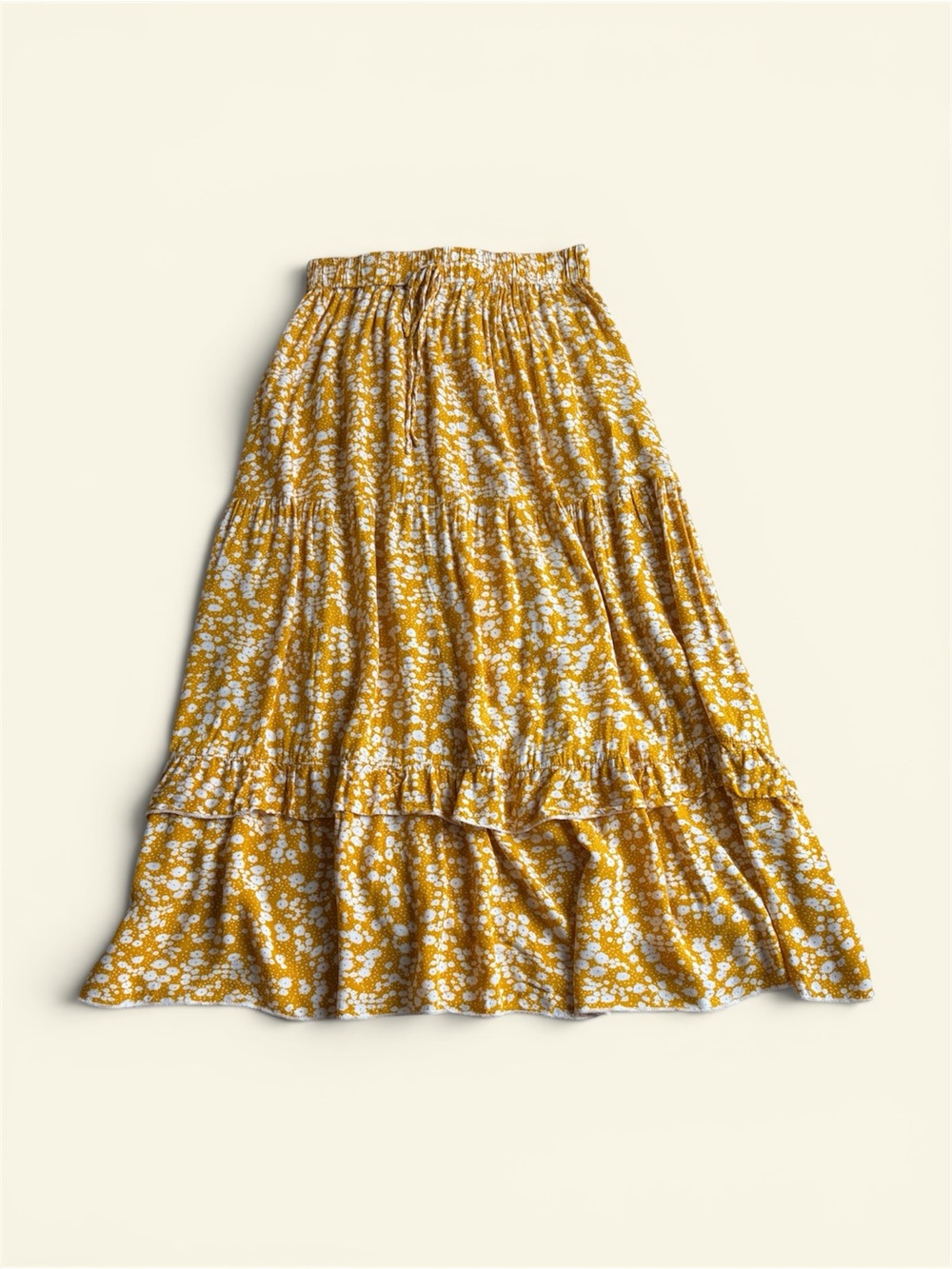 SHEIN Breezaya Yellow Ditsy Floral Ruffle Hem Maxi Skirt Boho Cottagecore Size M